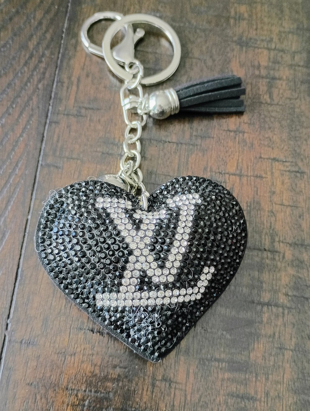 New Black Crystal Heart Keychain with Monogram Accent
